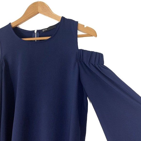 Gibson Women’s Size X-Small Solid Navy Blue Cold Shoulder Tunic Tie Sleeve Top - Picture 4 of 12